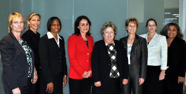 Panelists at the chapter's October event are (l-r) Lise Mangerie, chief of BA4, contracts management, National Security Agency (NSA); Lisa Robertazzi, director of Enterprise Mission Solutions Operating Unit, Northrop Grumman; Cynthia Crutchfield, vice president of intelligence and commercial programs for Oceus Networks; Maureen Baginski, chief executive officer, National Security Partners; Rosemary Budd, vice president, TASC; Doreen Harwood, chief, BA6, Program Executive Office, Mission Management, Net Centric Capabilities and Analysis and Production, NSA; Diane Dunshee, deputy program executive officer for analysis and production, NSA; and Diana Keys, NSA, chief of the Cyber Portfolio Management Office in U.S. Cyber Command/J-8, (Capability and Resource Integration Directorate).